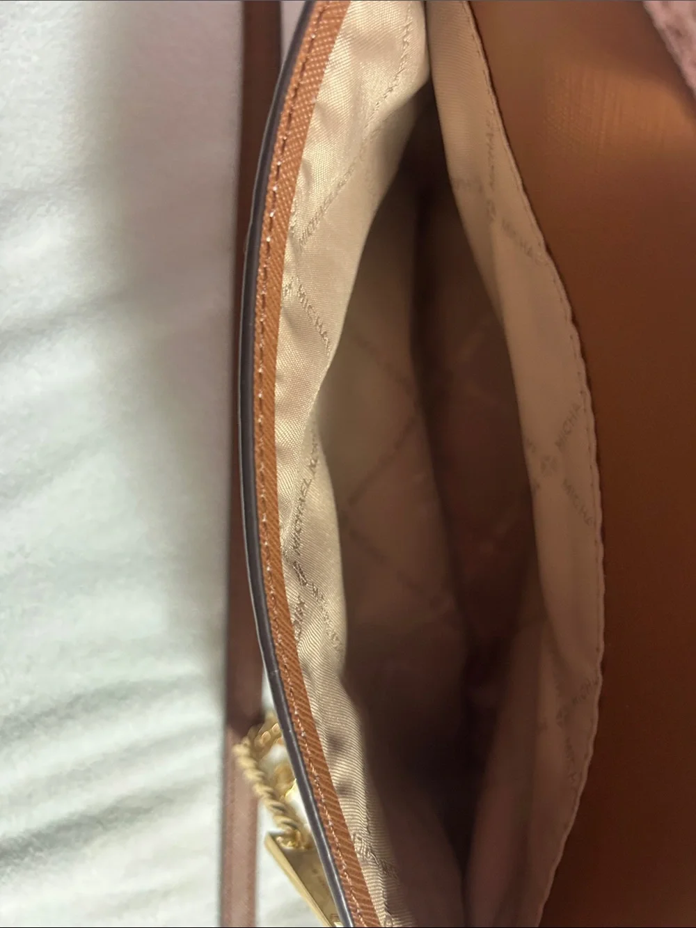 Michael Kors Beige Signature Crossbody with Acorn Trim and Gold Chain
